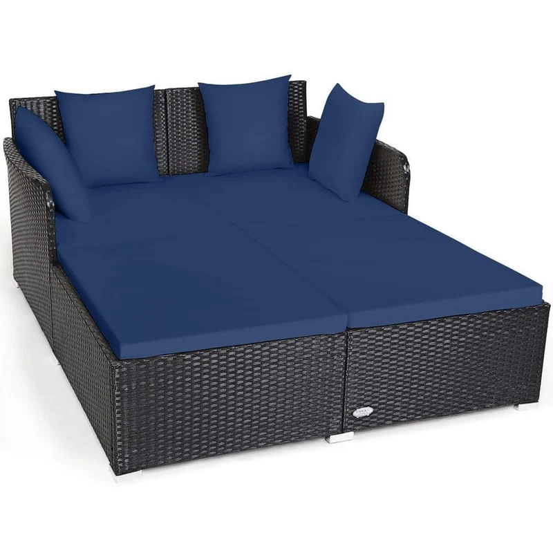 Black 1-Piece Metal Wicker Outdoor Day Bed with Navy Blue Cushions