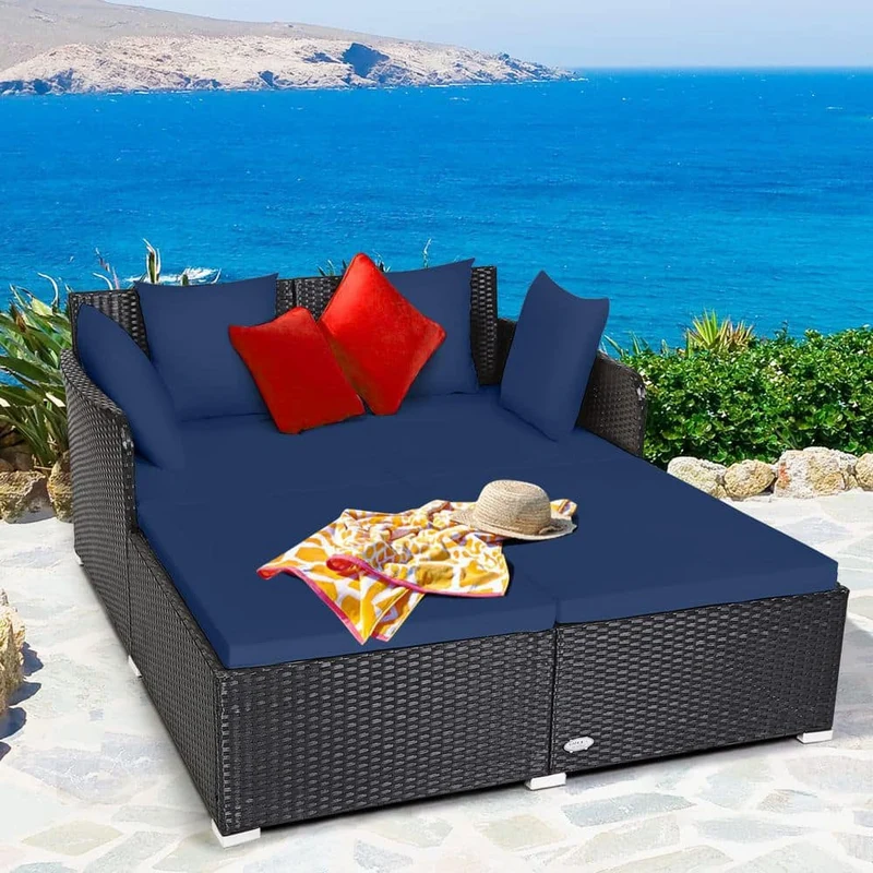 Black 1-Piece Metal Wicker Outdoor Day Bed with Navy Blue Cushions