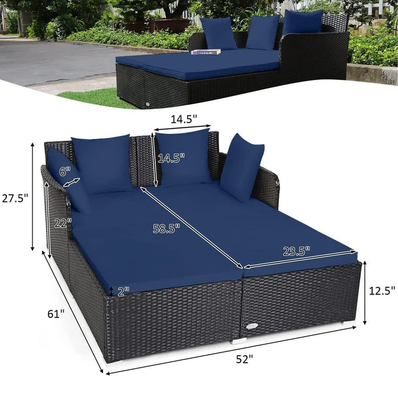 Black 1-Piece Metal Wicker Outdoor Day Bed with Navy Blue Cushions