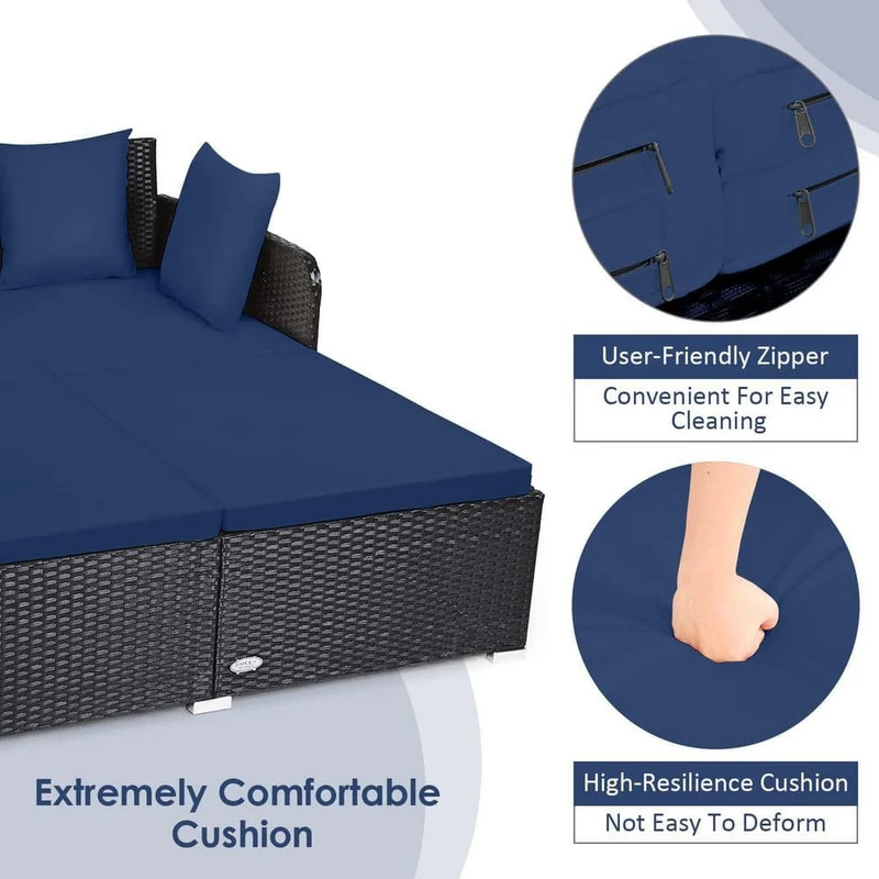 Black 1-Piece Metal Wicker Outdoor Day Bed with Navy Blue Cushions