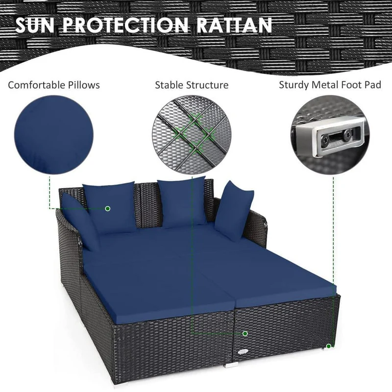 Black 1-Piece Metal Wicker Outdoor Day Bed with Navy Blue Cushions
