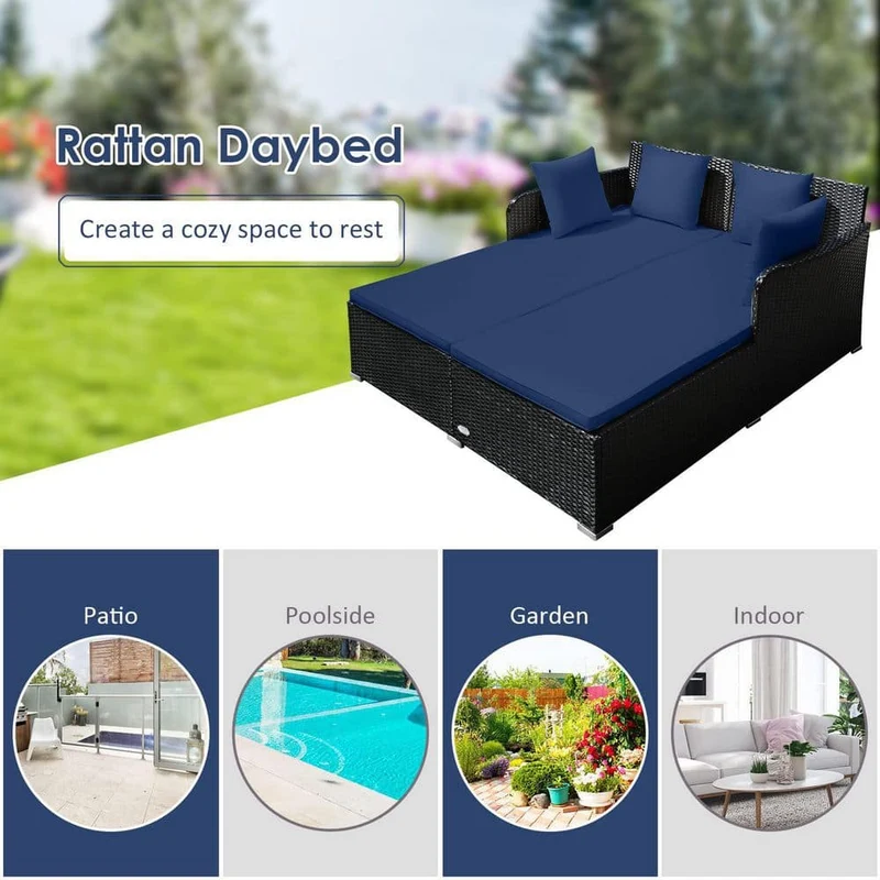 Black 1-Piece Metal Wicker Outdoor Day Bed with Navy Blue Cushions
