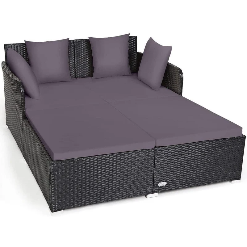 Black 1-Piece Metal Wicker Outdoor Day Bed with Gray Cushions