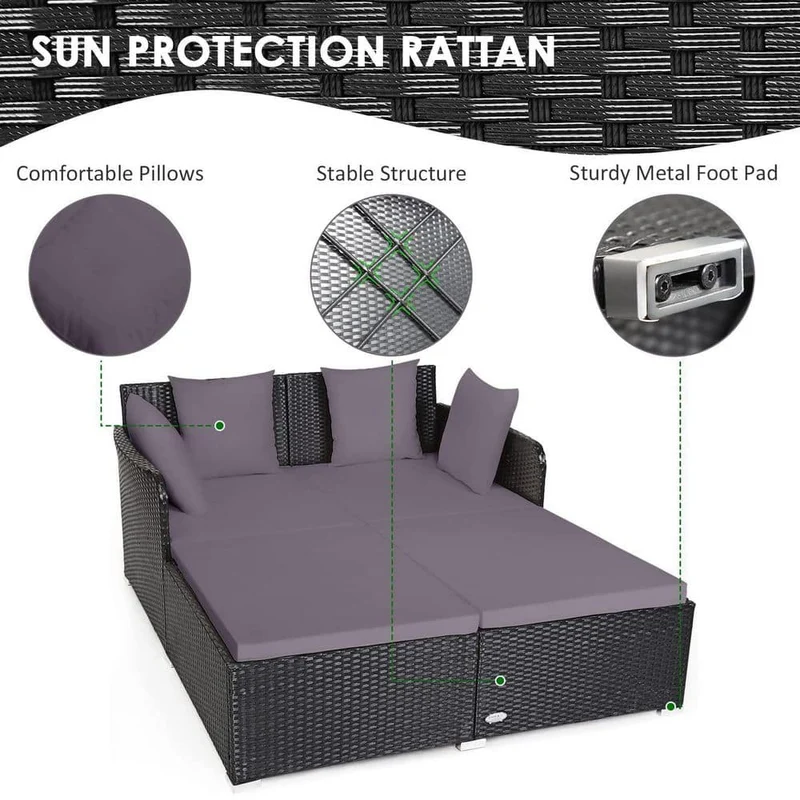 Black 1-Piece Metal Wicker Outdoor Day Bed with Gray Cushions