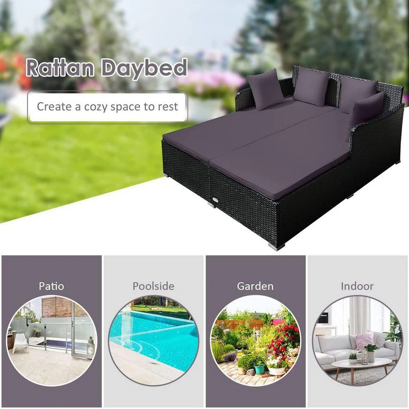 Black 1-Piece Metal Wicker Outdoor Day Bed with Gray Cushions
