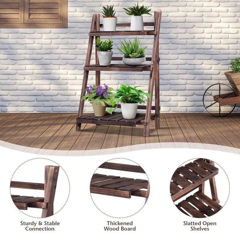 Outdoor Brown Wood Design Folding Plant Stand (3-Tier)