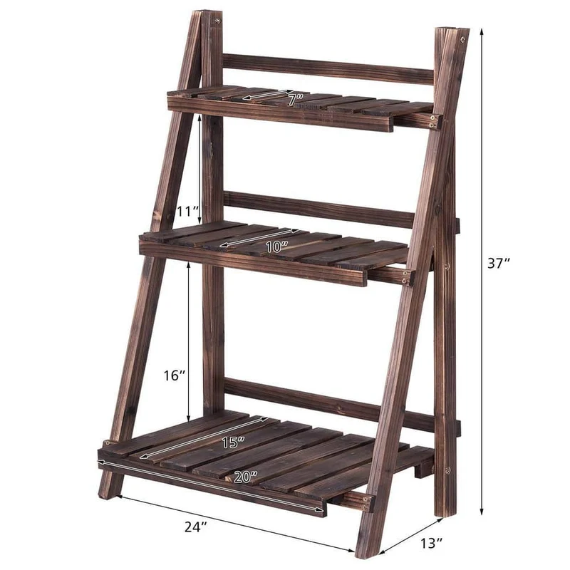 Outdoor Brown Wood Design Folding Plant Stand (3-Tier)