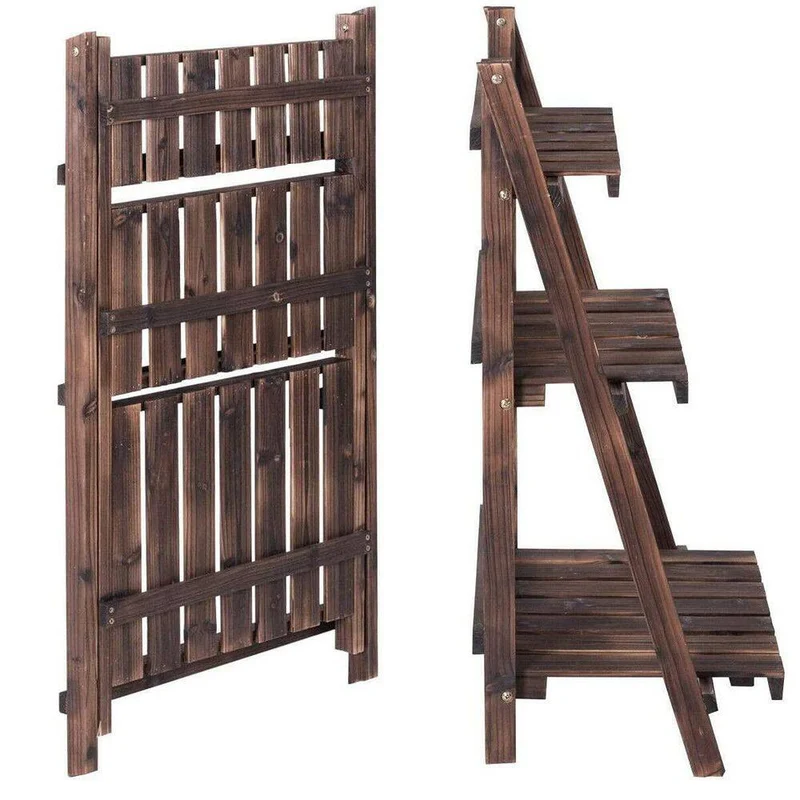 Outdoor Brown Wood Design Folding Plant Stand (3-Tier)