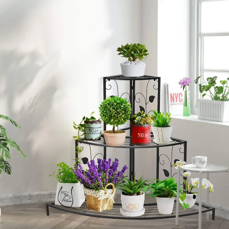 Black Steel Corner Plant Stand (3-Tier)