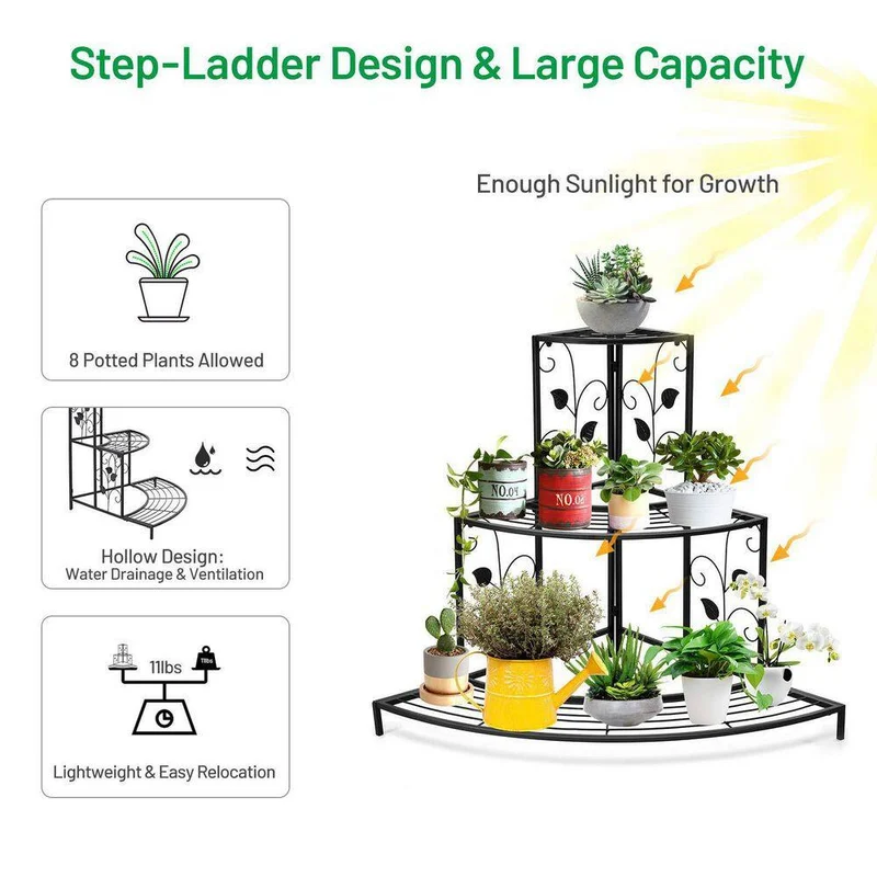 Black Steel Corner Plant Stand (3-Tier)