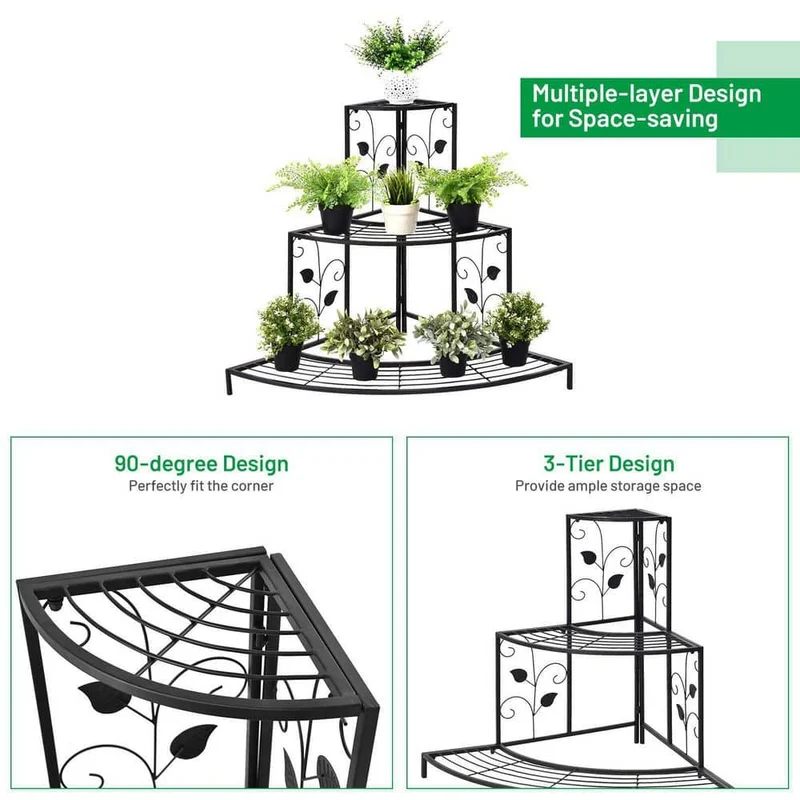 Black Steel Corner Plant Stand (3-Tier)