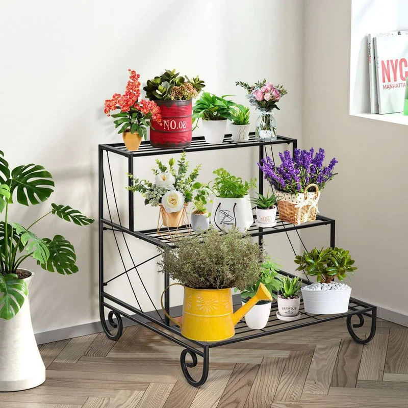 Black Outdoor Metal Plant Stand Garden Shelf Stair Style Decorative (3-Tier)