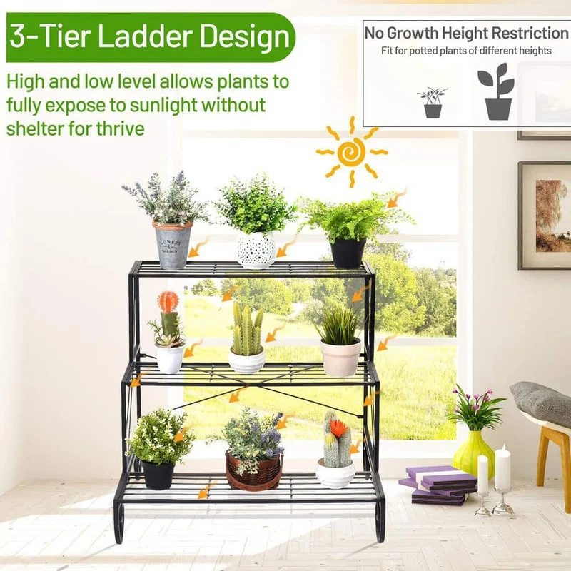 Black Outdoor Metal Plant Stand Garden Shelf Stair Style Decorative (3-Tier)