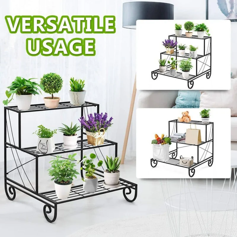 Black Outdoor Metal Plant Stand Garden Shelf Stair Style Decorative (3-Tier)