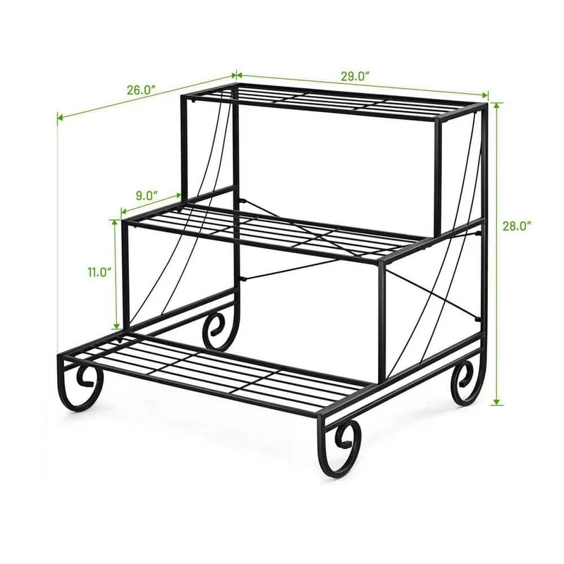 Black Outdoor Metal Plant Stand Garden Shelf Stair Style Decorative (3-Tier)