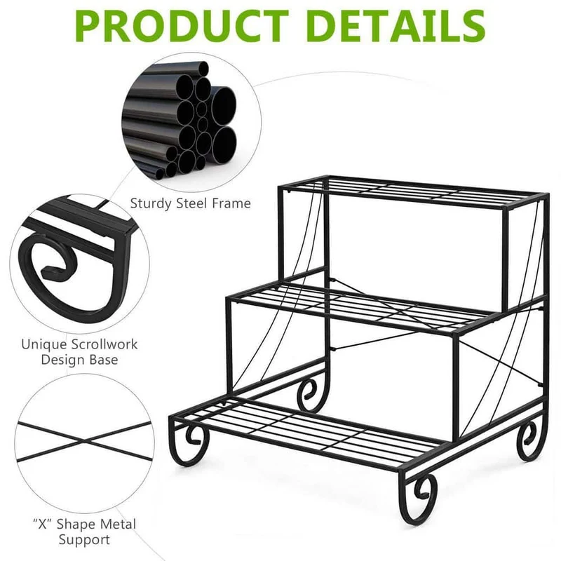 Black Outdoor Metal Plant Stand Garden Shelf Stair Style Decorative (3-Tier)