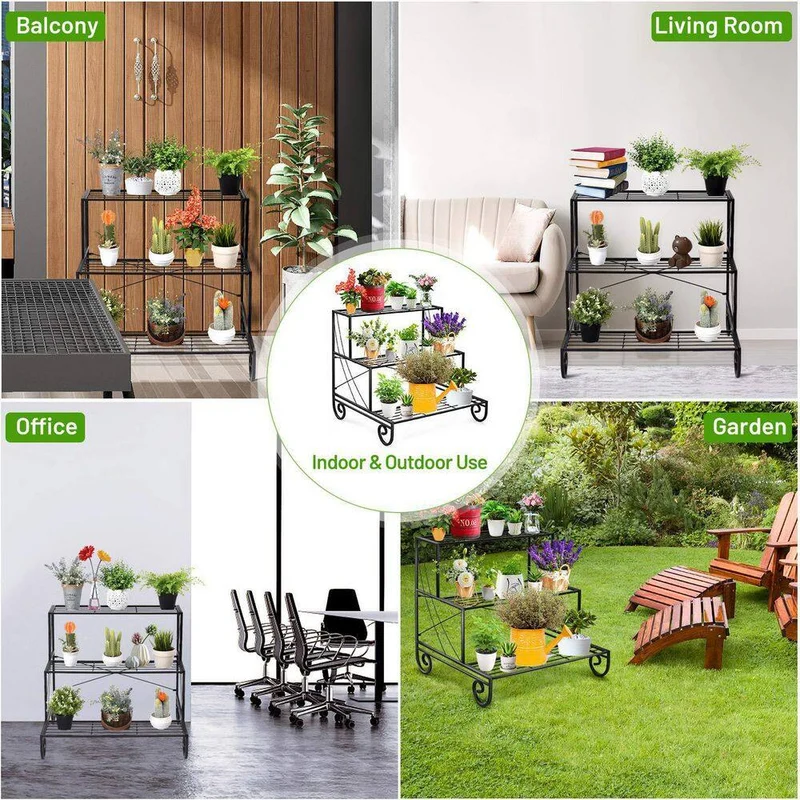 Black Outdoor Metal Plant Stand Garden Shelf Stair Style Decorative (3-Tier)