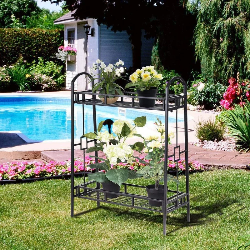 32 in. Tall Heavy-Duty Metal Flower Plant Stand (2-Tier)