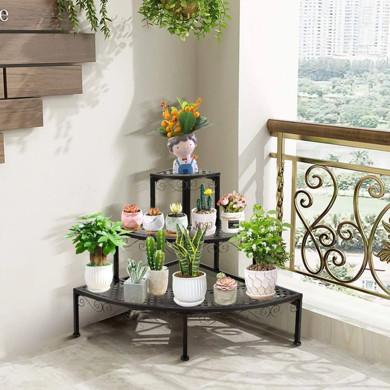 Black Metal Corner Flower Ladder Plant Stand (3-Tier)