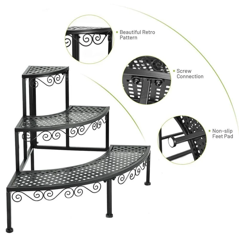 Black Metal Corner Flower Ladder Plant Stand (3-Tier)