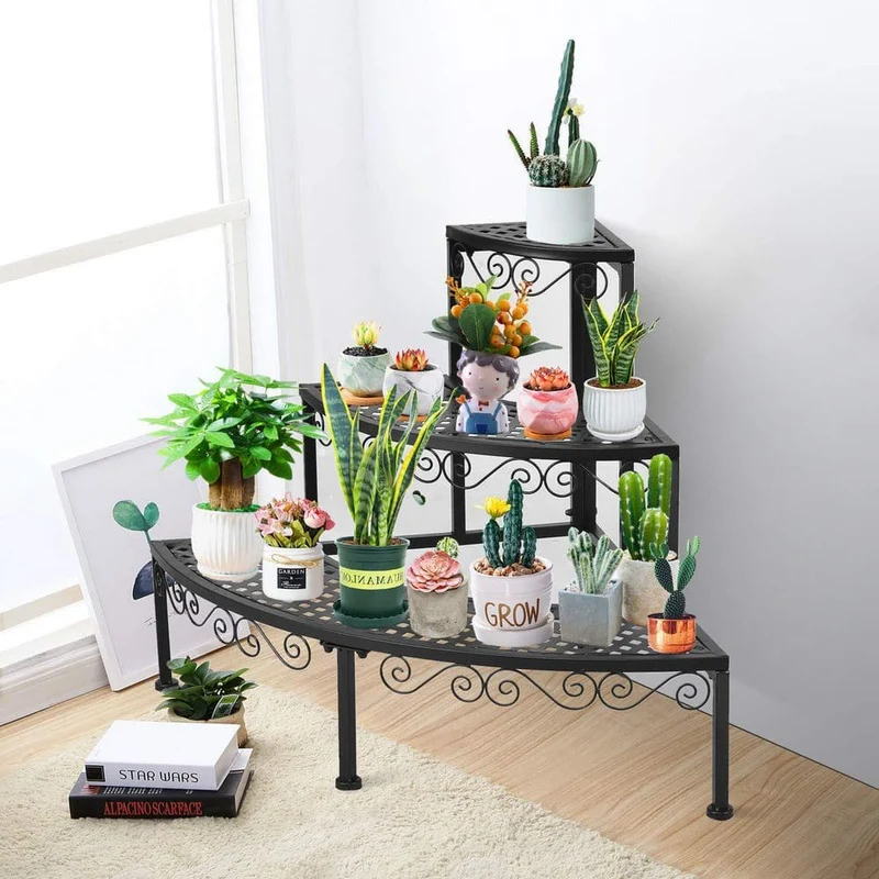 Black Metal Corner Flower Ladder Plant Stand (3-Tier)