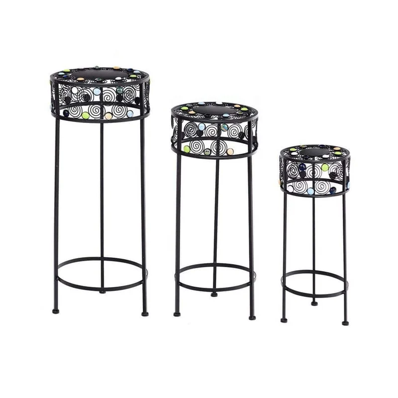 Black Metal Plant Stand Round Ceramic Beads Decorative Flower Pot (Set of 3)