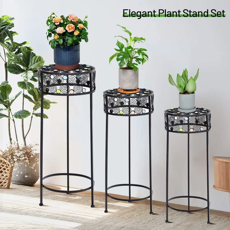 Black Metal Plant Stand Round Ceramic Beads Decorative Flower Pot (Set of 3)