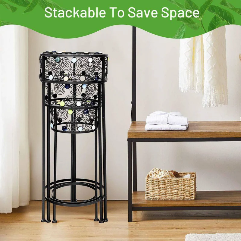 Black Metal Plant Stand Round Ceramic Beads Decorative Flower Pot (Set of 3)