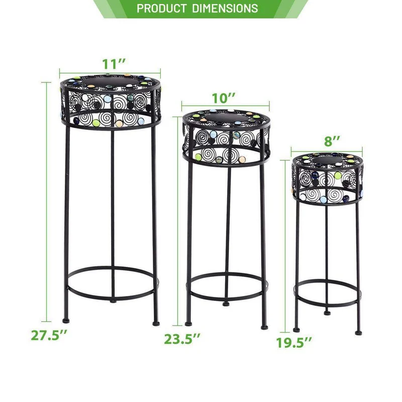 Black Metal Plant Stand Round Ceramic Beads Decorative Flower Pot (Set of 3)