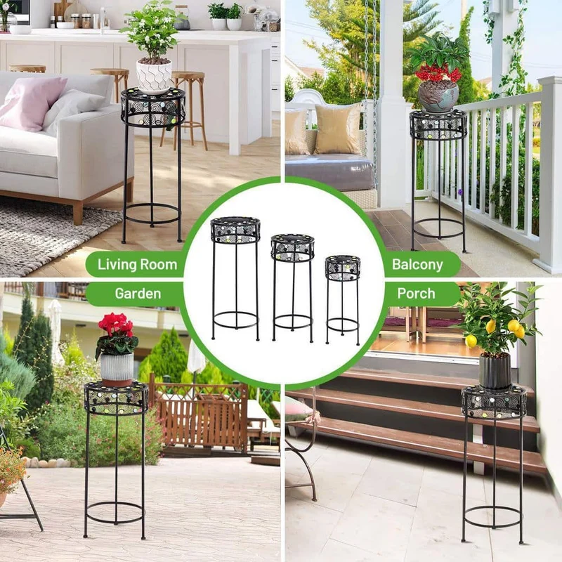 Black Metal Plant Stand Round Ceramic Beads Decorative Flower Pot (Set of 3)