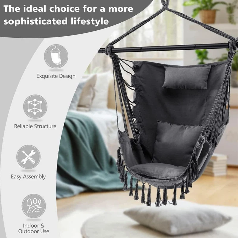 39 in. Tufted Victorian Hammock Chair Swing with Soft Pillow and Cushions in Black