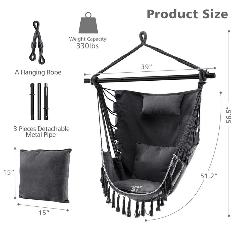 39 in. Tufted Victorian Hammock Chair Swing with Soft Pillow and Cushions in Black