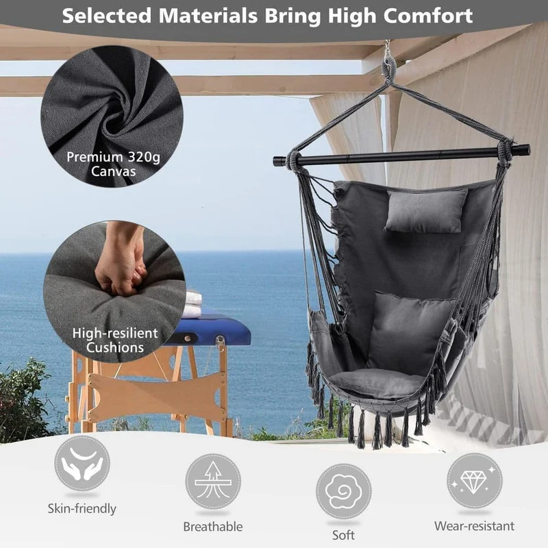 39 in. Tufted Victorian Hammock Chair Swing with Soft Pillow and Cushions in Black