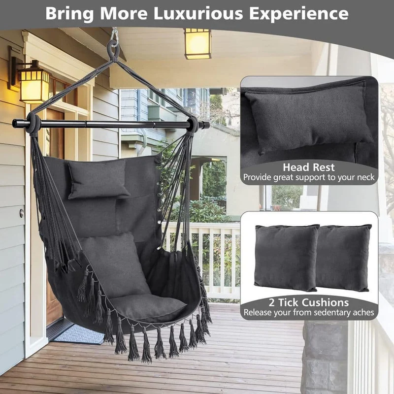 39 in. Tufted Victorian Hammock Chair Swing with Soft Pillow and Cushions in Black