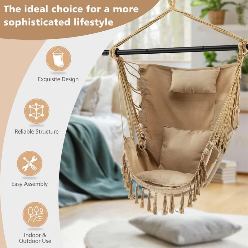 39 in. Tufted Victorian Hammock Chair Swing with Soft Pillow and Cushions in Beige
