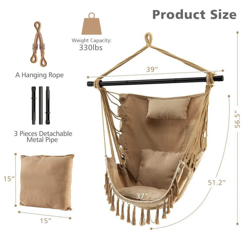 39 in. Tufted Victorian Hammock Chair Swing with Soft Pillow and Cushions in Beige