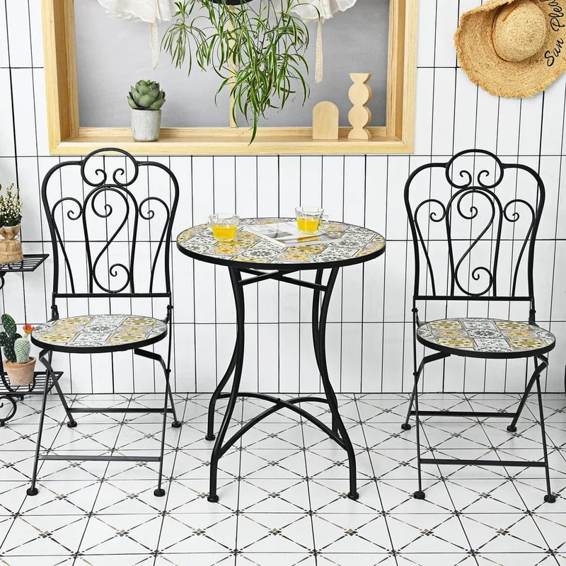2-Piece Yellow Outdoor Mosaic Folding Bistro Chairs with Ceramic Tiles Seat
