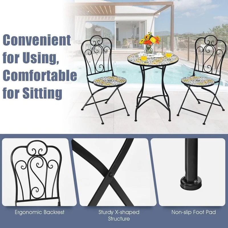 2-Piece Yellow Outdoor Mosaic Folding Bistro Chairs with Ceramic Tiles Seat