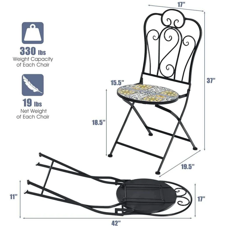 2-Piece Yellow Outdoor Mosaic Folding Bistro Chairs with Ceramic Tiles Seat