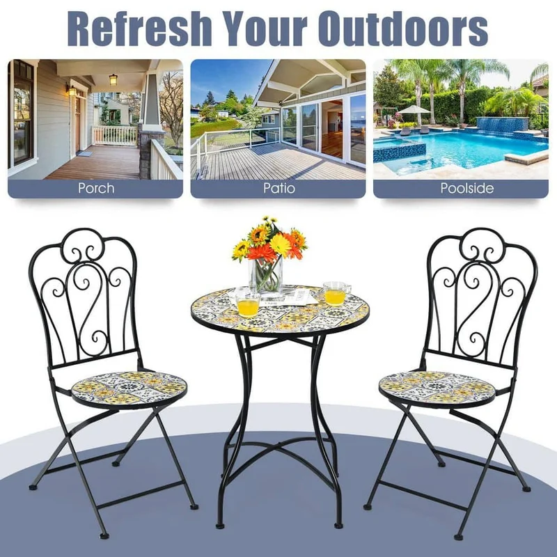 2-Piece Yellow Outdoor Mosaic Folding Bistro Chairs with Ceramic Tiles Seat