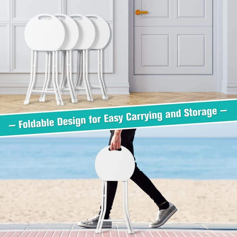 18 in. White Round Metal Folding Garden Stool with Handle(Set of 4)