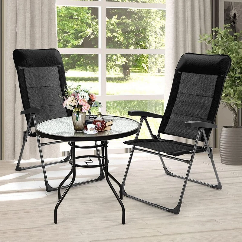 Black Metal Padded Sling Folding Outdoor Patio Dining Chair with Headrests Adjust (2-Pack)