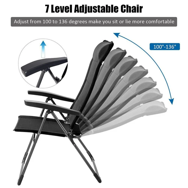 Black Metal Padded Sling Folding Outdoor Patio Dining Chair with Headrests Adjust (2-Pack)
