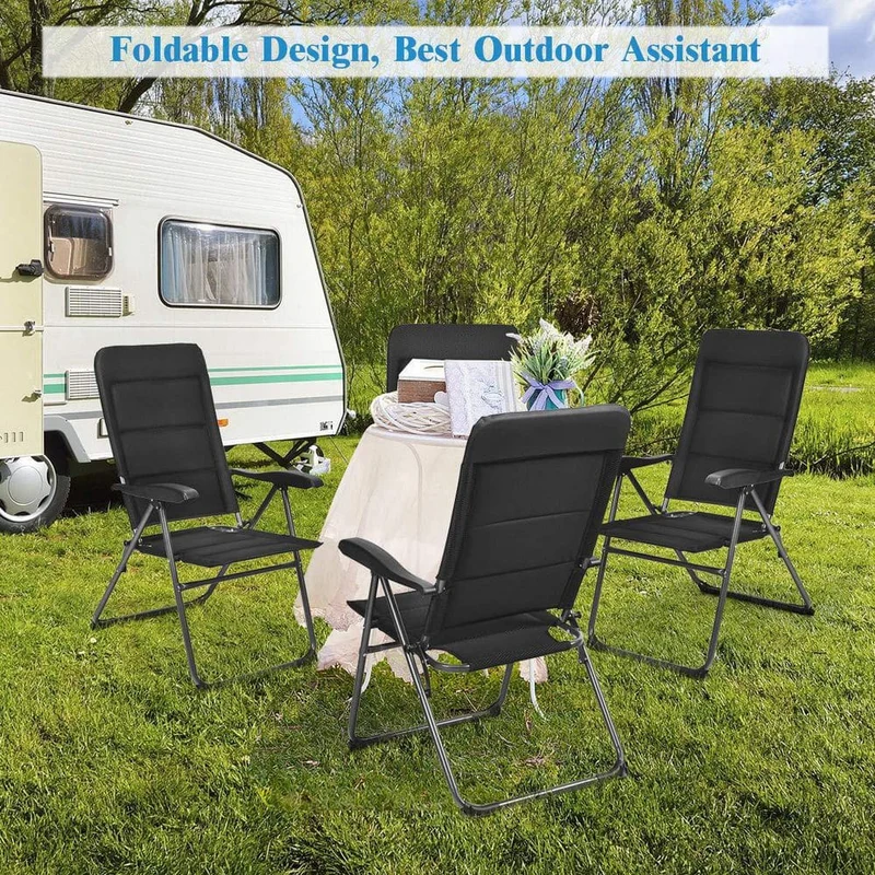 Black Steel Padded Sling Folding Outdoor Patio Dining Chair with Adjustable Backrests (4-Pack)