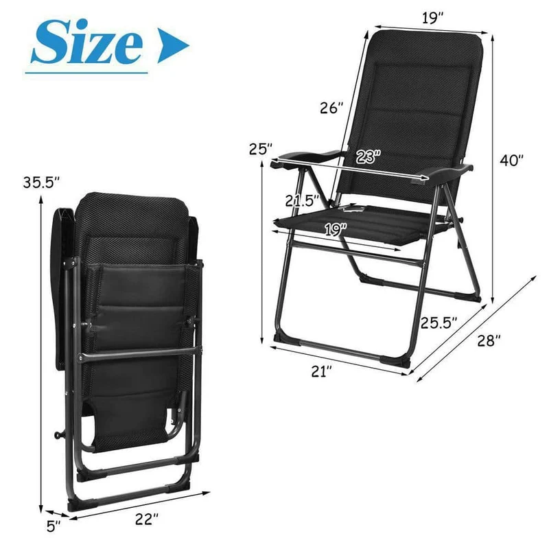 Black Steel Padded Sling Folding Outdoor Patio Dining Chair with Adjustable Backrests (4-Pack)
