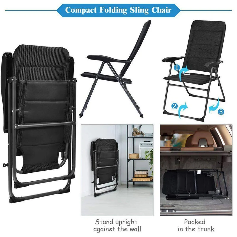 Black Steel Padded Sling Folding Outdoor Patio Dining Chair with Adjustable Backrests (4-Pack)