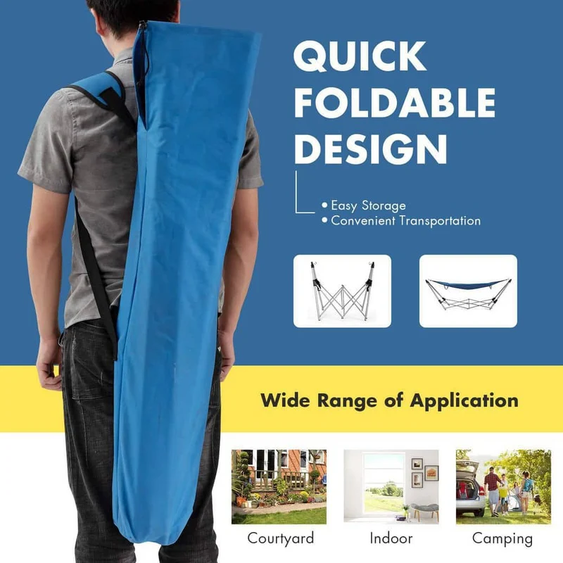 7.9 ft. Outdoor Portable Folding Steel Frame Hammock Bed with Bag in Blue