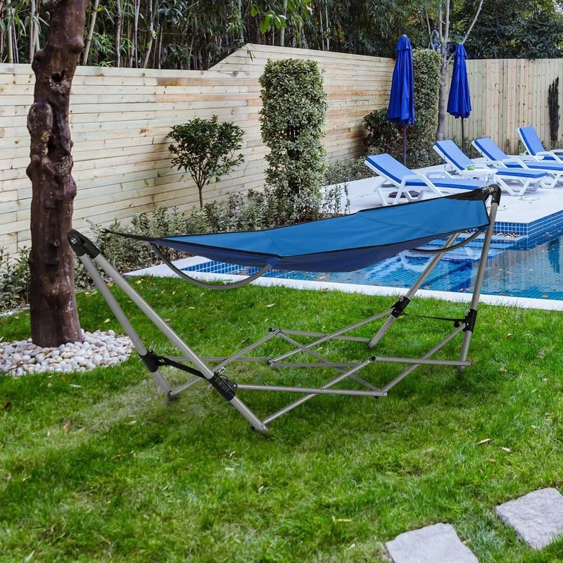 7.9 ft. Outdoor Portable Folding Steel Frame Hammock Bed with Bag in Blue