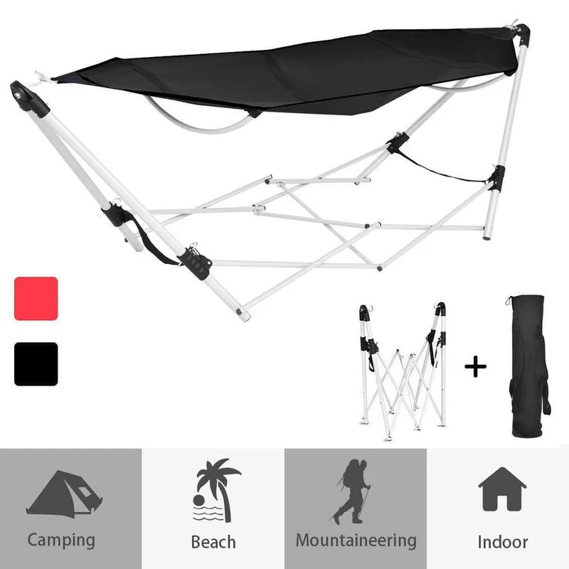 7.9 ft. Outdoor Portable Folding Steel Frame Hammock Bed with Bag in Black