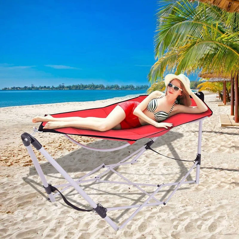 7.9 ft.. Outdoor Portable Folding Steel Frame Hammock Bed with Bag in Red